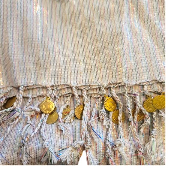 Curations Scarf Shawl Khaki Green Blue Red and Gold Metallic Fringe Edge DH719 - Picture 4 of 5